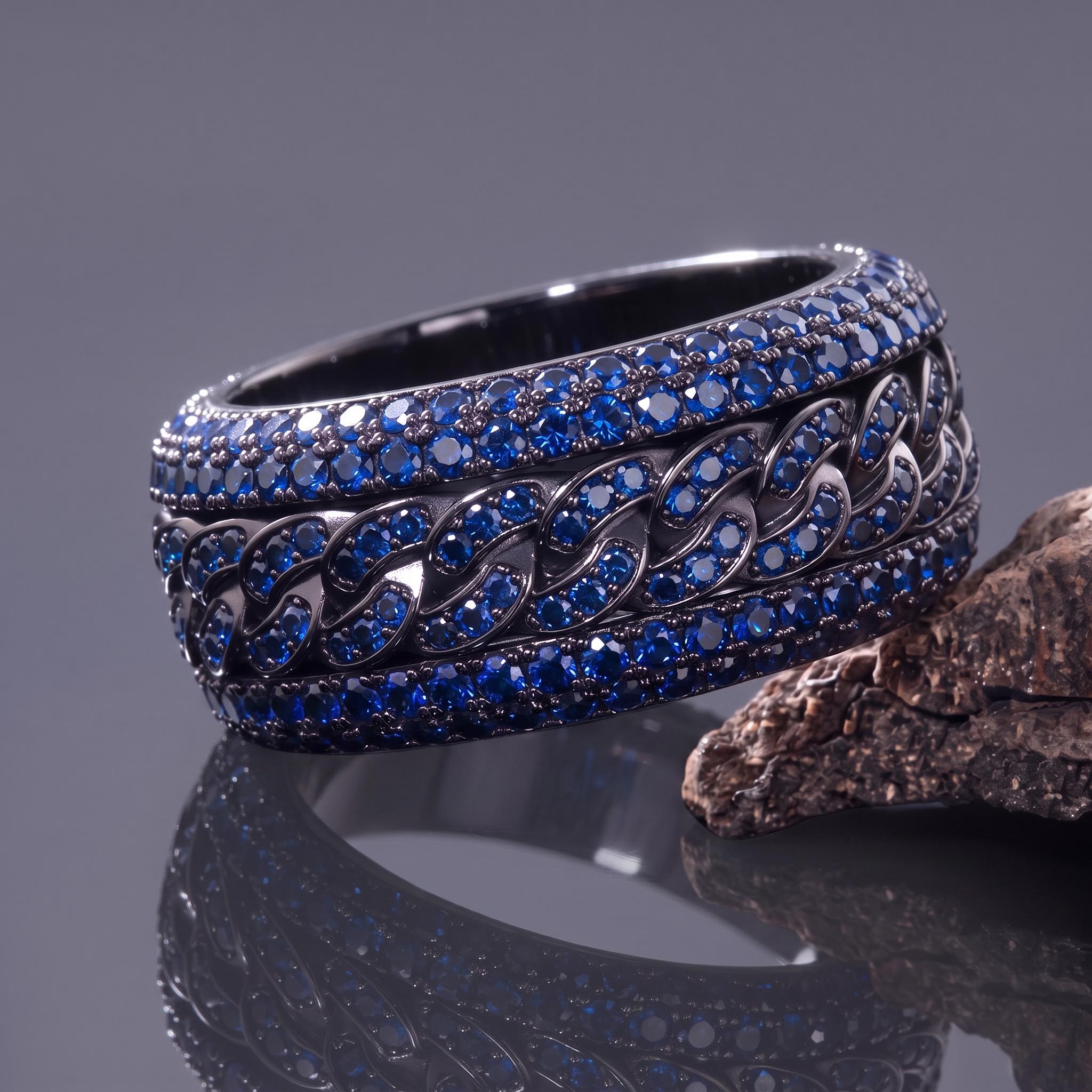 Iced Out Blue Cuban Link Spinner Ring
