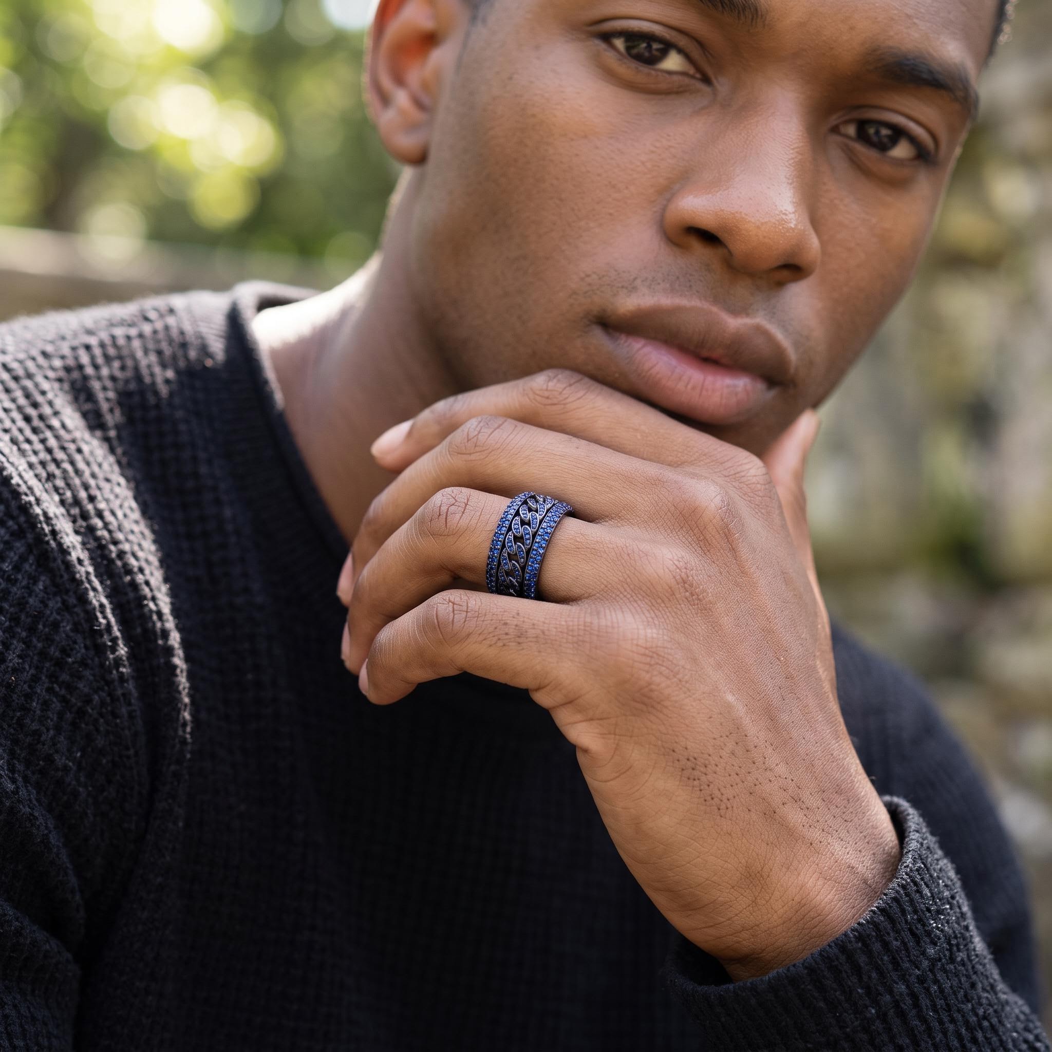 Iced Out Blue Cuban Link Spinner Ring