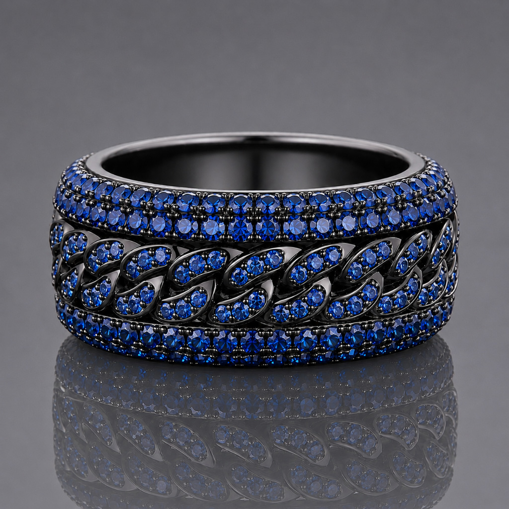 Iced Out Blue Cuban Link Spinner Ring
