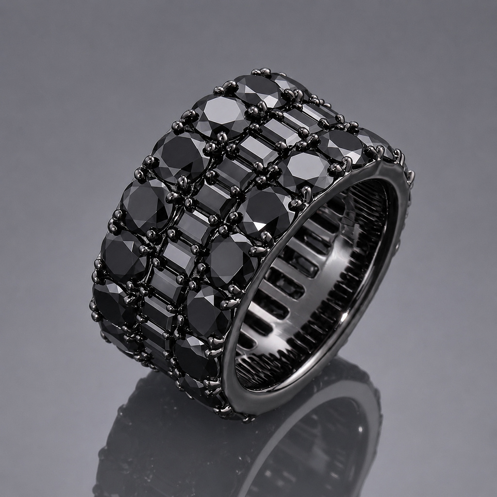Iced Out Black Round & Baguette-Cut Band Ring