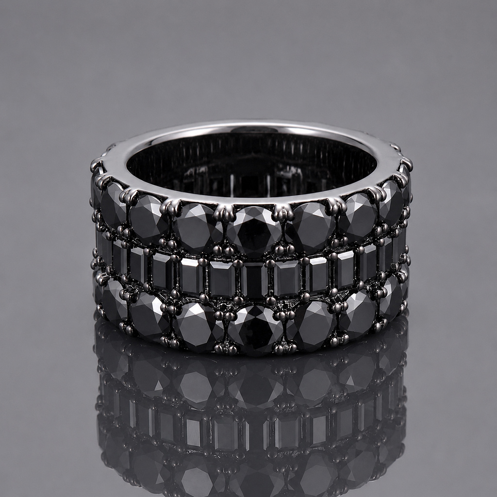 Iced Out Black Round & Baguette-Cut Band Ring