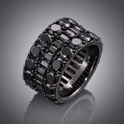 Iced Out Black Round & Baguette-Cut Band Ring