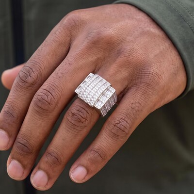 Iced Out Round & Baguette-Cut Geometric Statement Ring