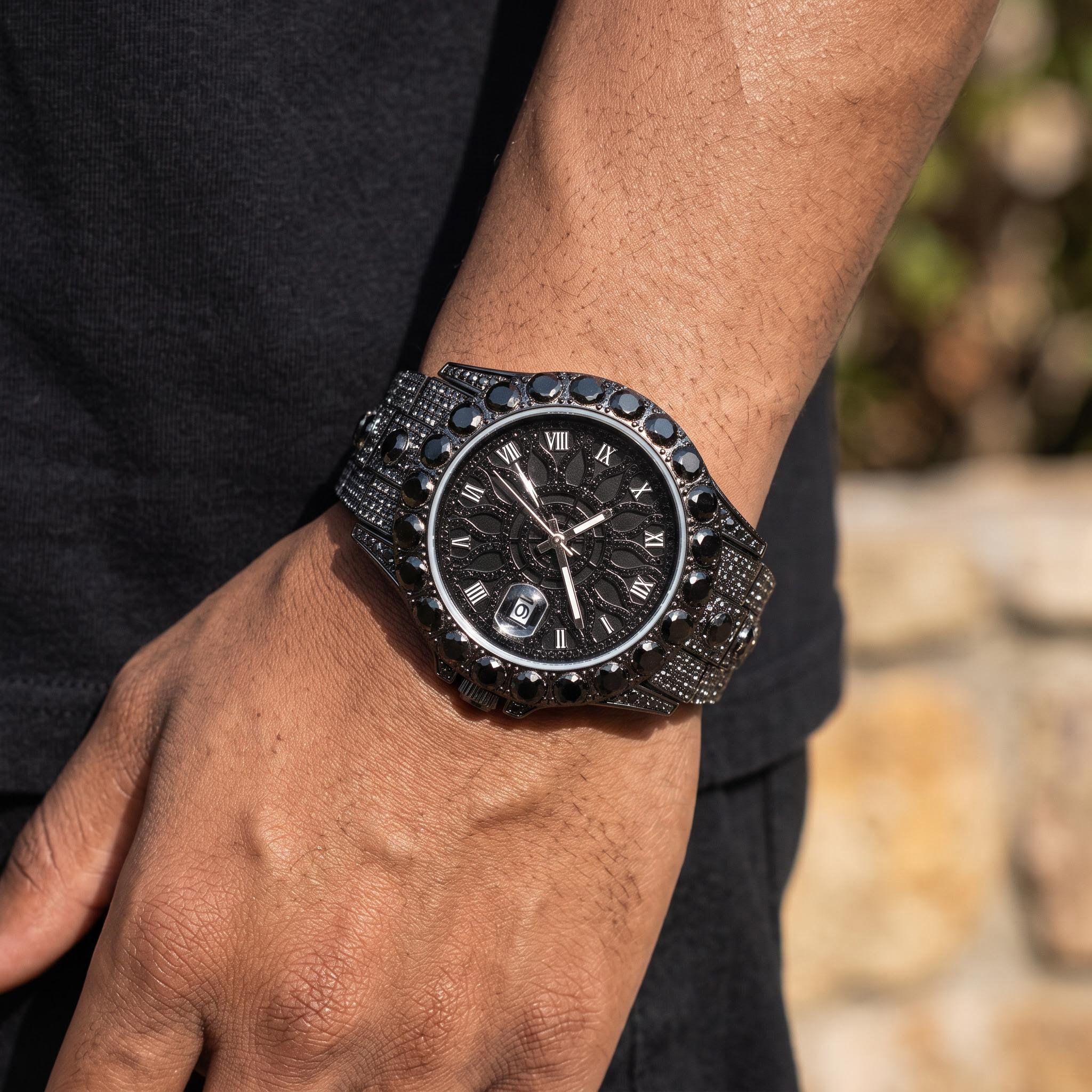 Iced Out Black Stone Roman Numeral Watch Iced Out Black Stone Roman Numeral Watch