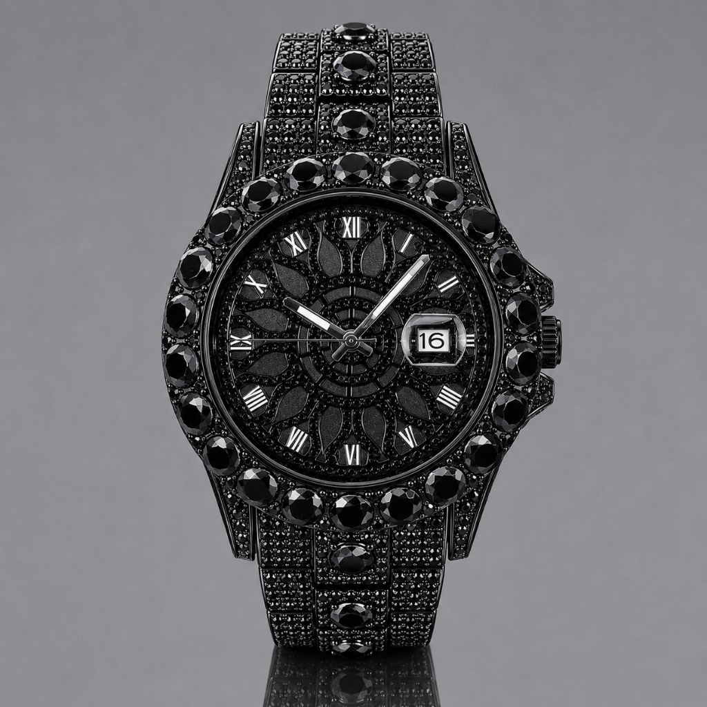 Iced Out Black Stone Roman Numeral Watch Iced Out Black Stone Roman Numeral Watch