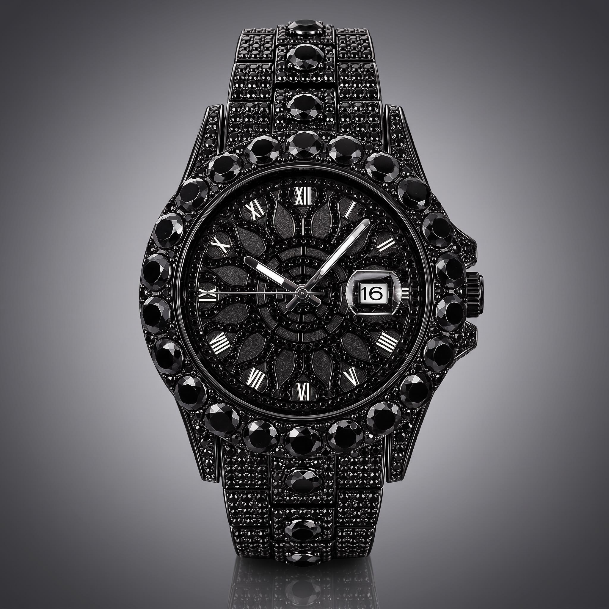 Iced Out Black Stone Roman Numeral Watch Iced Out Black Stone Roman Numeral Watch