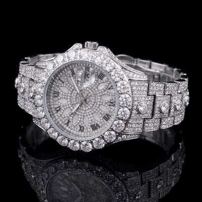 Iced Out Round Cut Roman Numeral Watch in White Gold