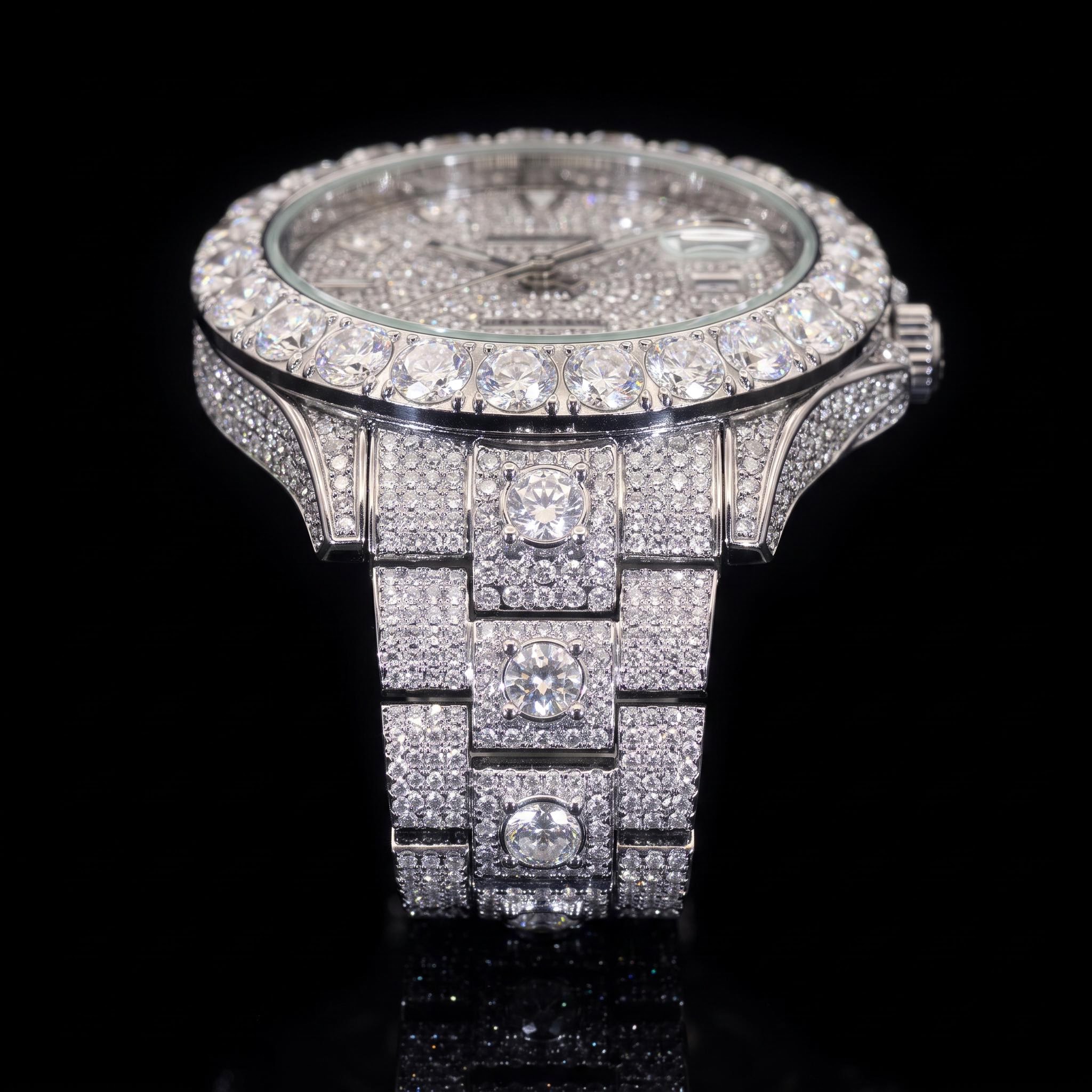 Iced Out Round Cut Roman Numeral Watch in White Gold Iced Out Round Cut Roman Numeral Watch in White Gold