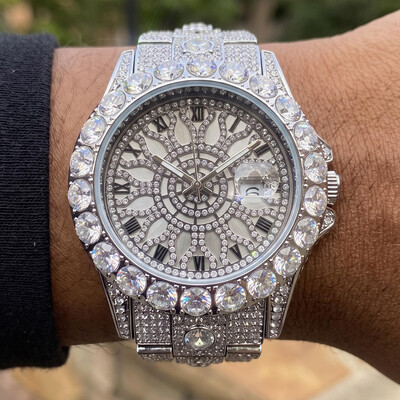 Iced Out Round Cut Roman Numeral Watch in White Gold