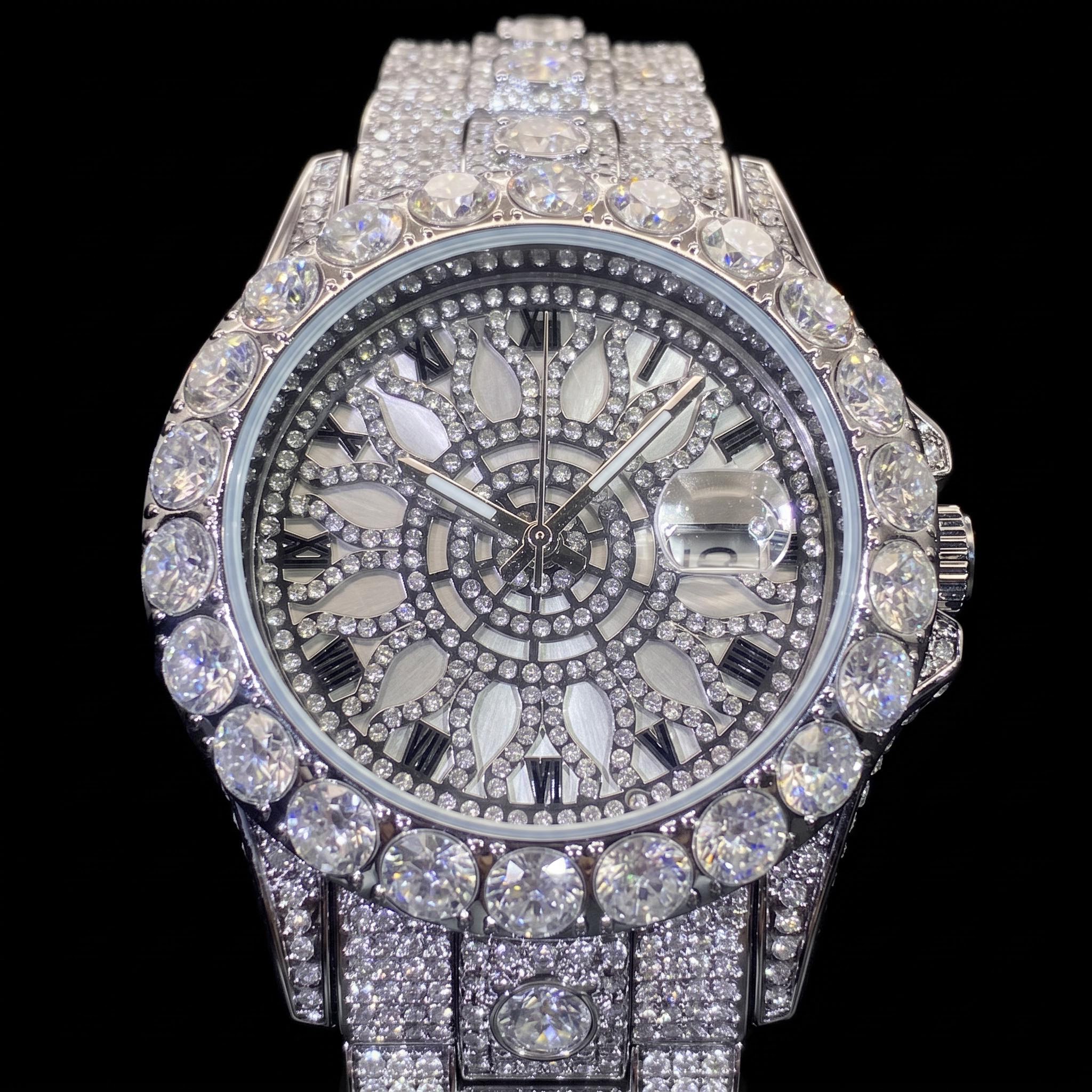 Iced Out Round Cut Roman Numeral Watch in White Gold Iced Out Round Cut Roman Numeral Watch in White Gold