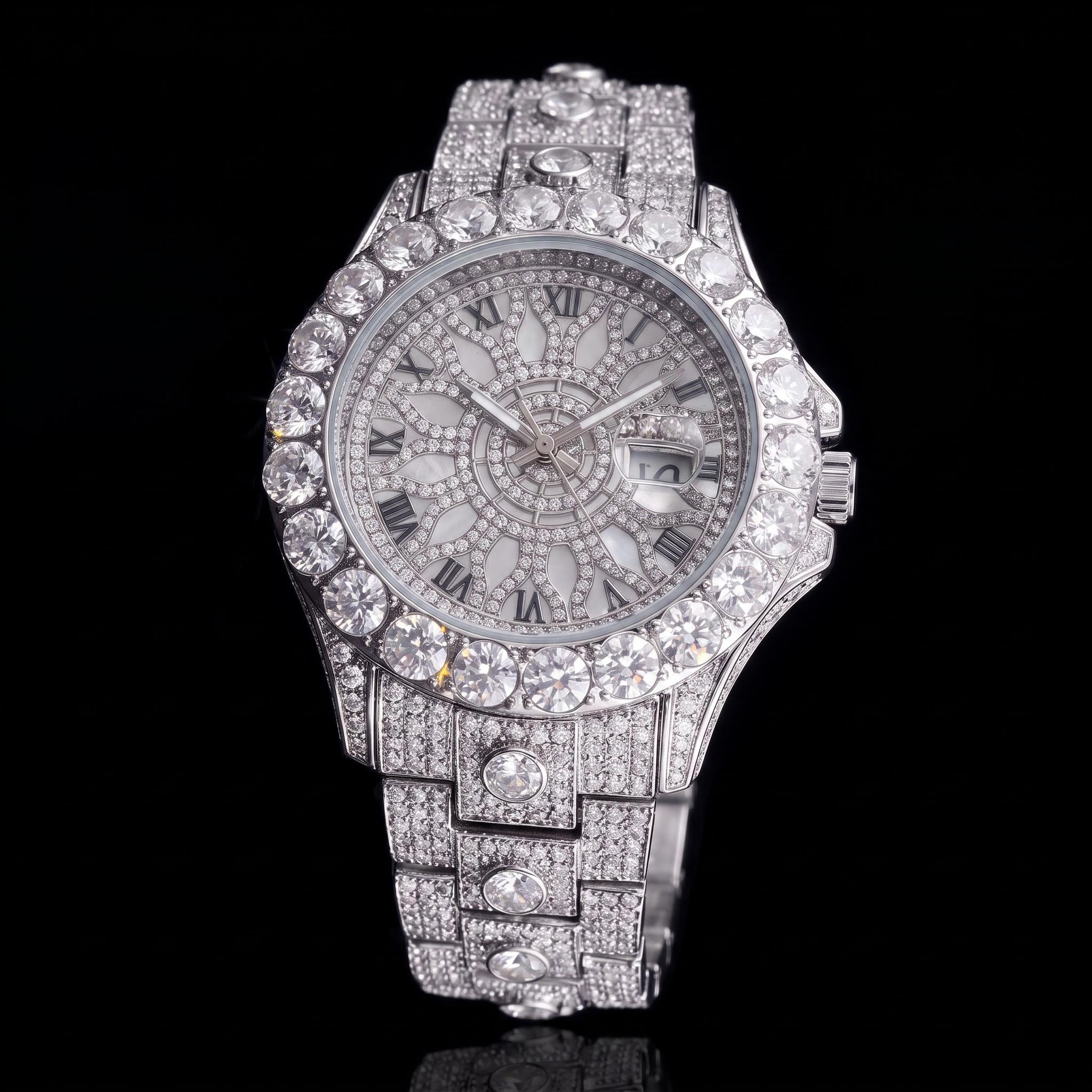 Iced Out Round Cut Roman Numeral Watch in White Gold Iced Out Round Cut Roman Numeral Watch in White Gold