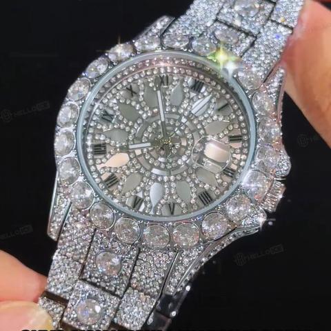 Iced Out Round Cut Roman Numeral Watch in White Gold Iced Out Round Cut Roman Numeral Watch in White Gold