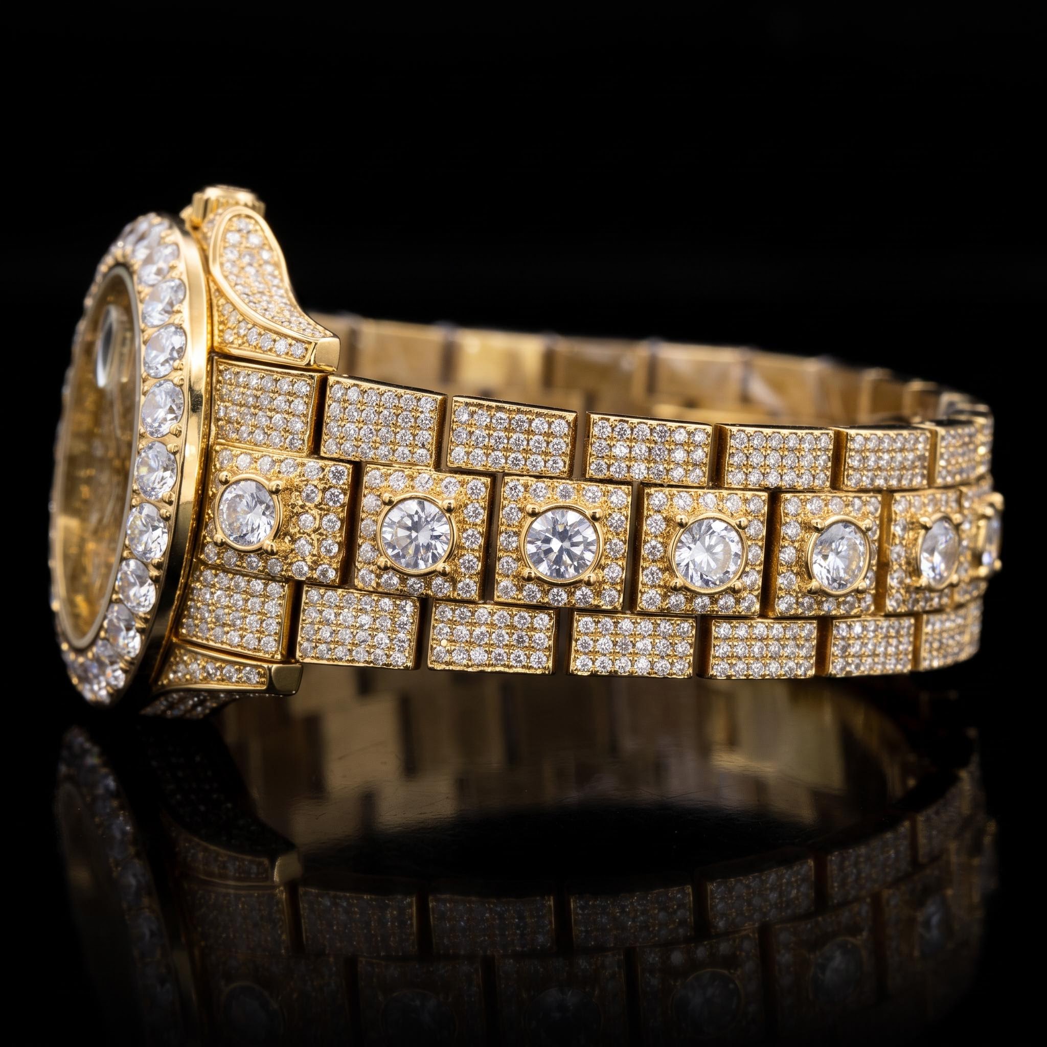 Iced Out Round Cut Roman Numeral Watch in Gold