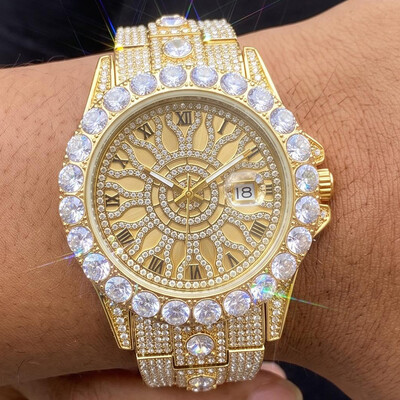 Iced Out Round Cut Roman Numeral Watch in Gold