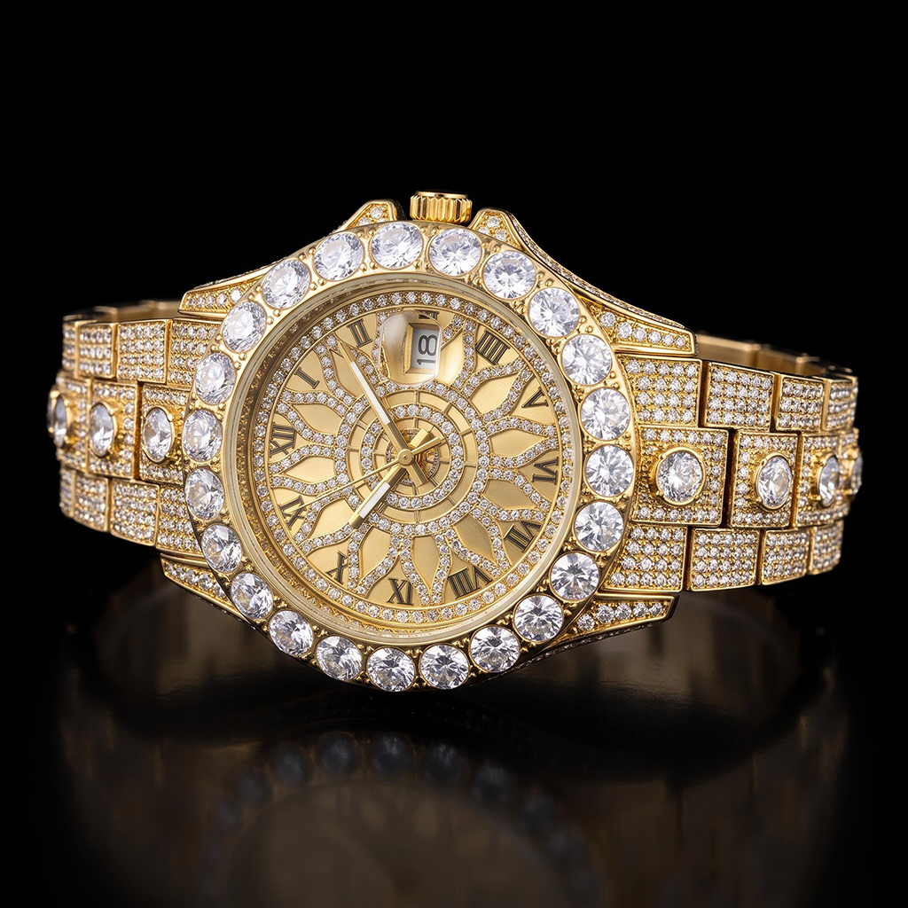 Iced Out Round Cut Roman Numeral Watch in Gold