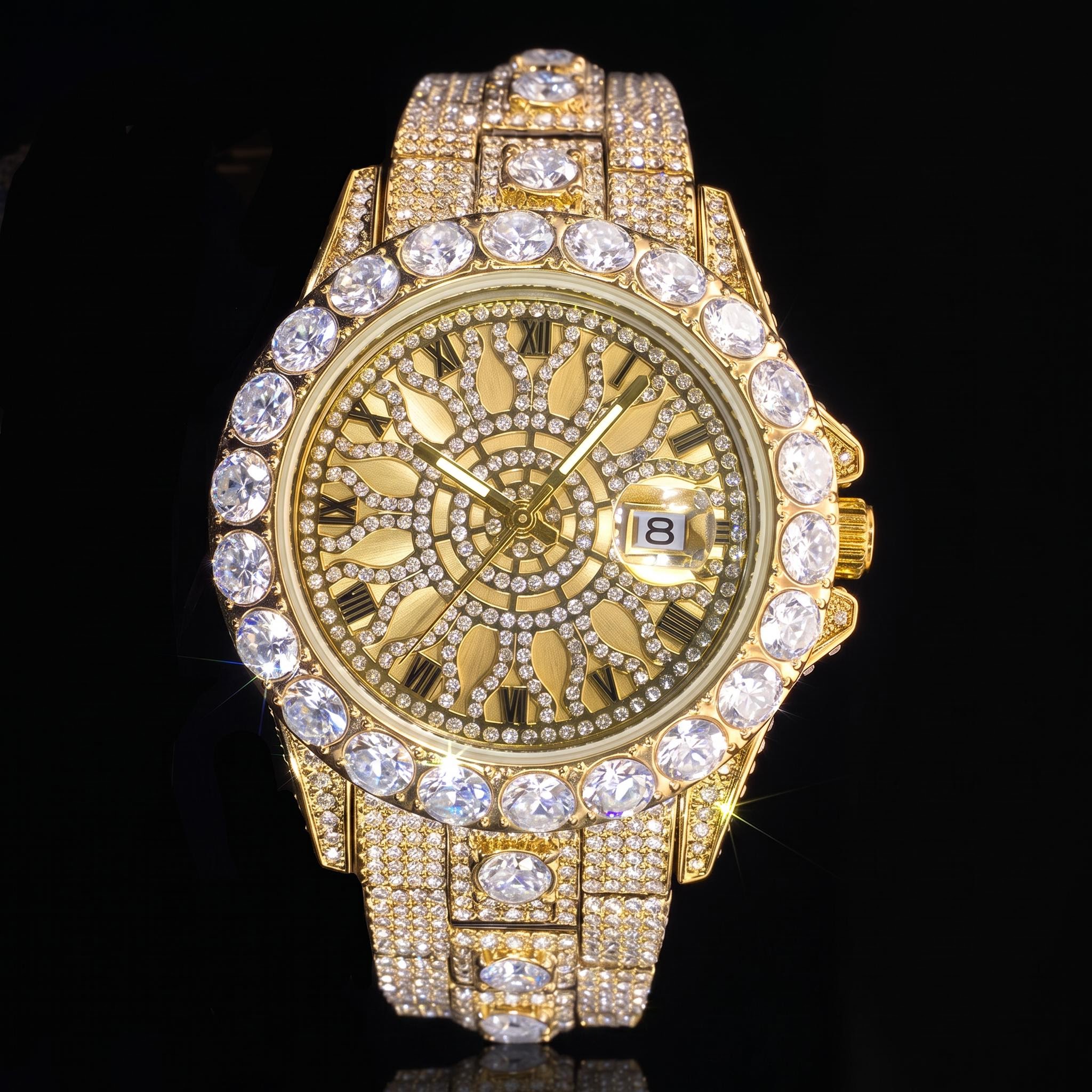 Iced Out Round Cut Roman Numeral Watch in Gold