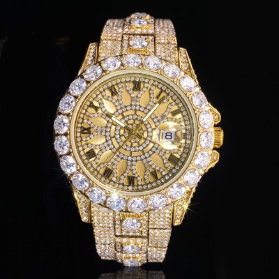 Iced Out Round Cut Roman Numeral Watch in Gold