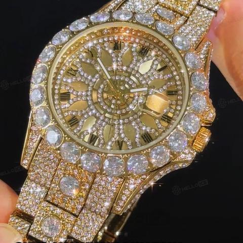 Iced Out Round Cut Roman Numeral Watch in Gold