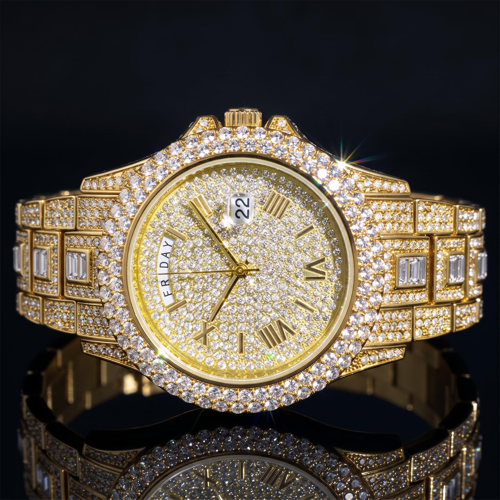 Iced Out Roman Numeral Date Watch Iced Out Roman Numeral Date Watch