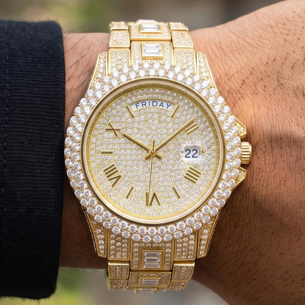 Iced Out Roman Numeral Date Watch Iced Out Roman Numeral Date Watch