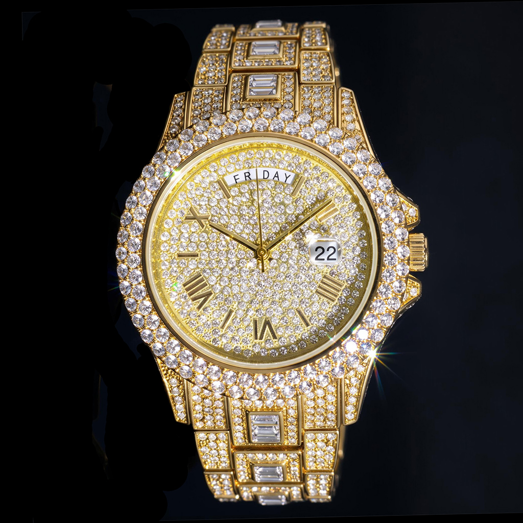 Iced Out Roman Numeral Date Watch Iced Out Roman Numeral Date Watch