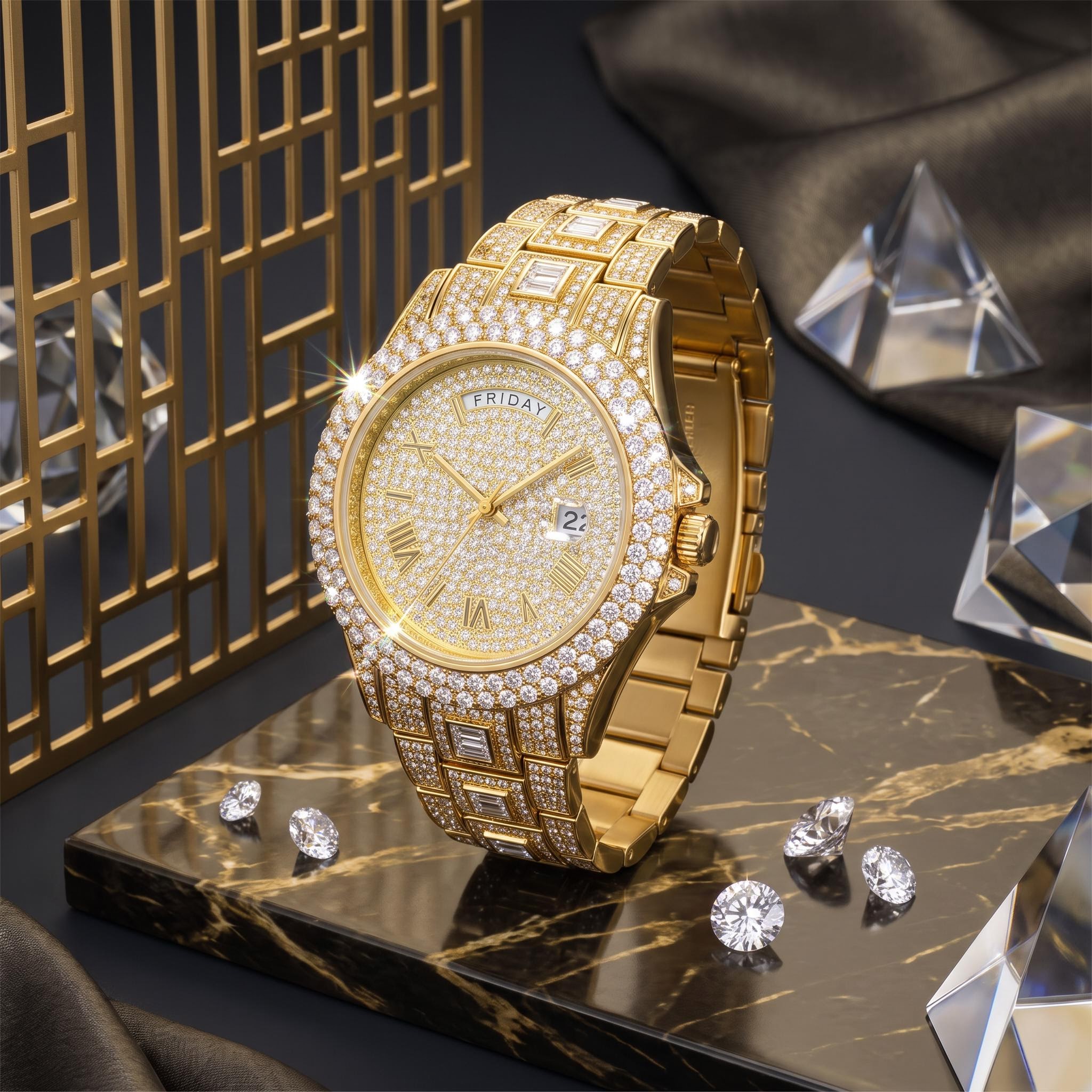 Iced Out Roman Numeral Date Watch Iced Out Roman Numeral Date Watch