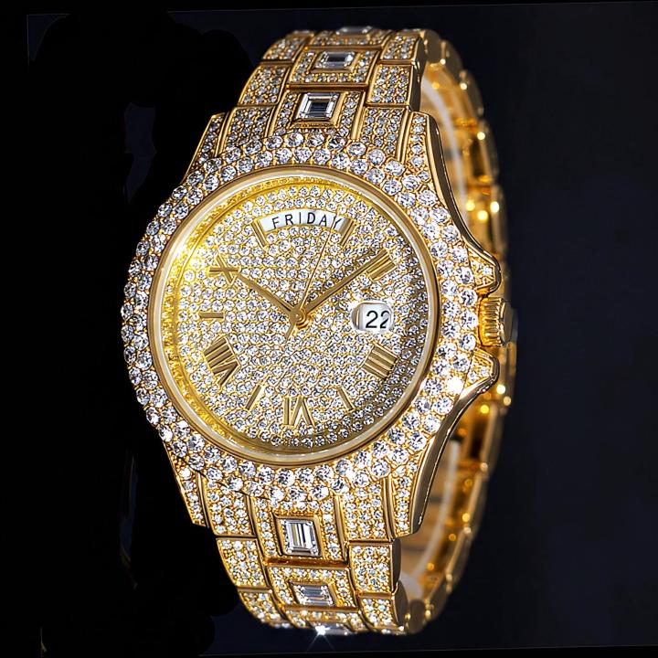 Iced Out Roman Numeral Date Watch Iced Out Roman Numeral Date Watch
