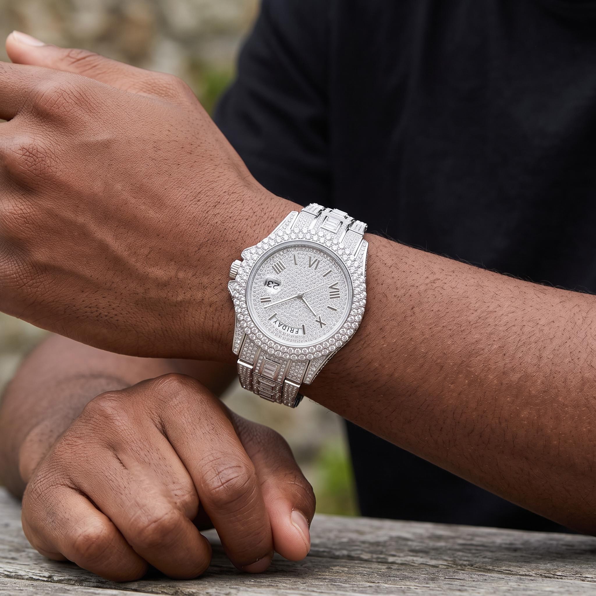 Iced Out Roman Numeral Date Watch Iced Out Roman Numeral Date Watch
