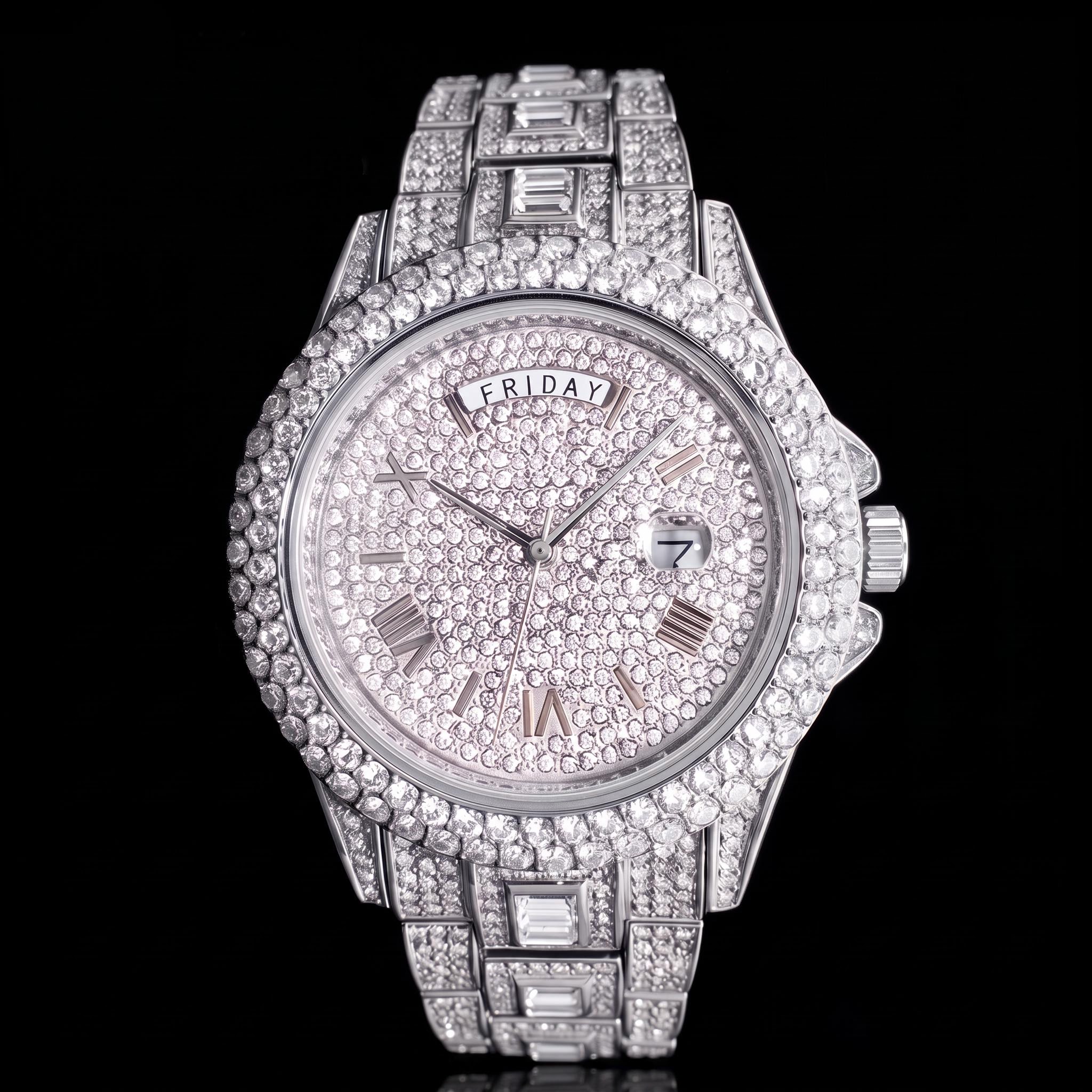 Iced Out Roman Numeral Date Watch Iced Out Roman Numeral Date Watch
