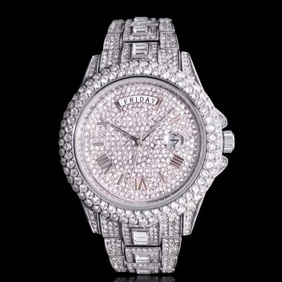 Iced Out Roman Numeral Date Watch