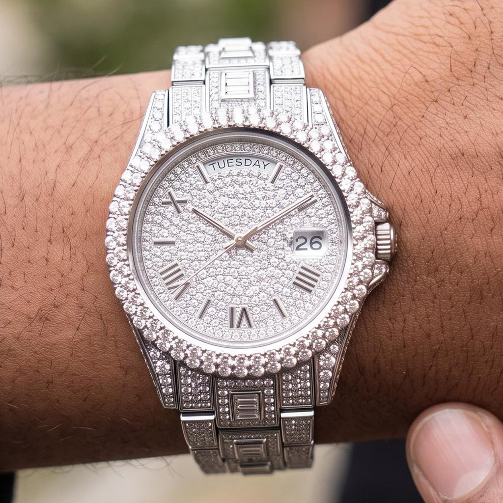 Iced Out Roman Numeral Date Watch Iced Out Roman Numeral Date Watch