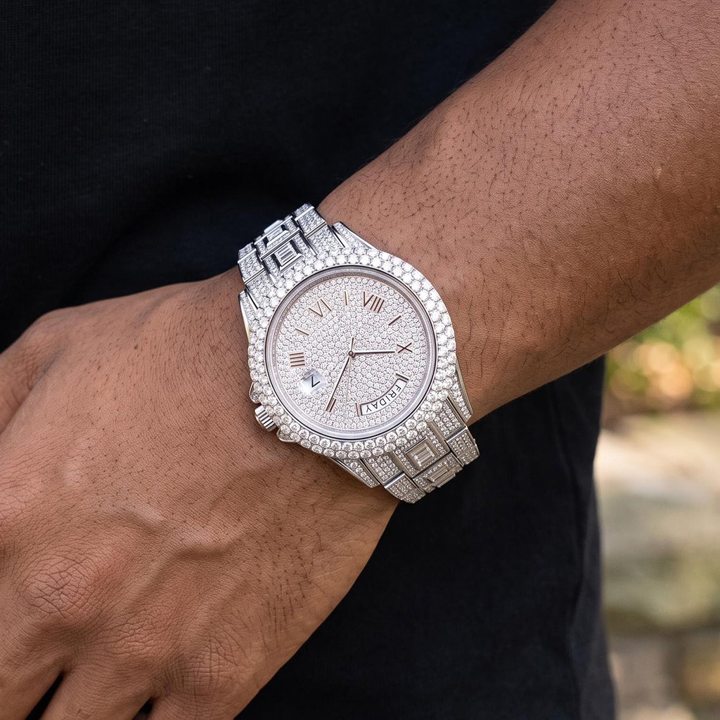 Iced Out Roman Numeral Date Watch Iced Out Roman Numeral Date Watch