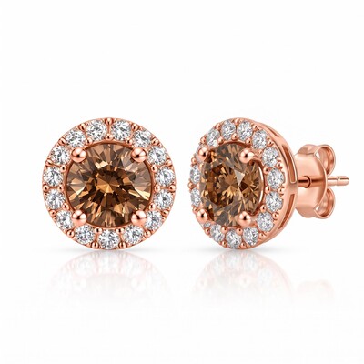 Brilliant Coffee Chocolate Stone Round Cut Halo Stud Earrings