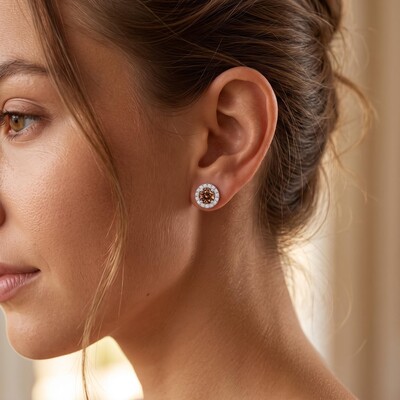 Brilliant Coffee Chocolate Stone Round Cut Halo Stud Earrings
