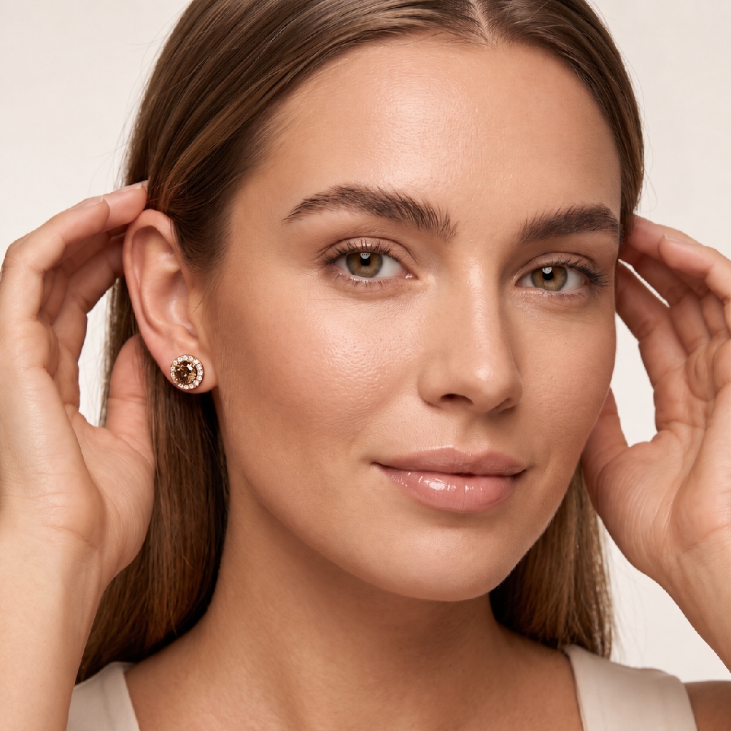 Brilliant Coffee Chocolate Stone Round Cut Halo Stud Earrings Brilliant Coffee Chocolate Stone Round Cut Halo Stud Earrings