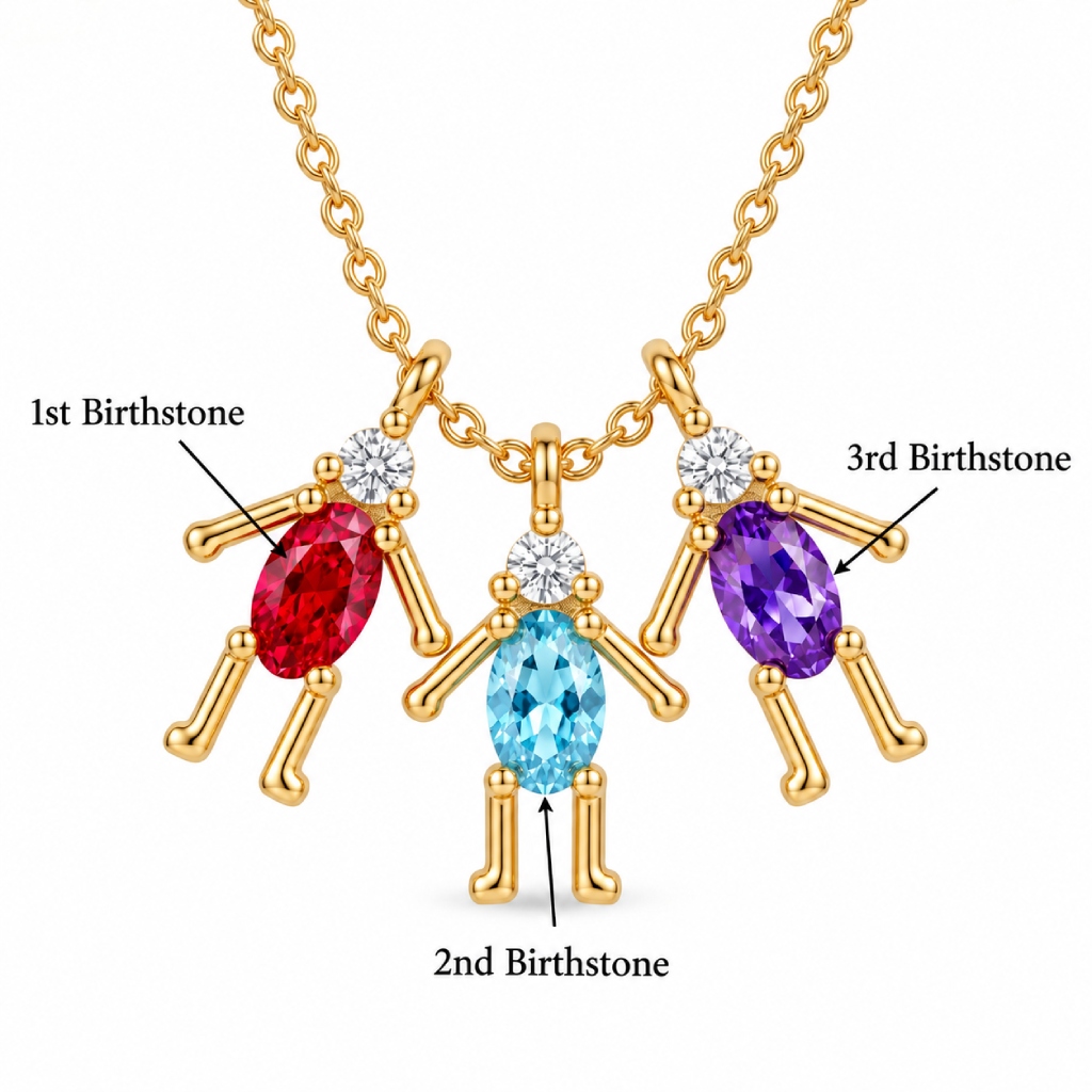 Personalized Birthstone 3-Little Figures Pendant Necklace for Family / Friends Personalized Birthstone 3-Little Figures Pendant Necklace for Family / Friends