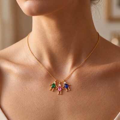 Personalized Birthstone 3-Little Figures Pendant Necklace for Family / Friends