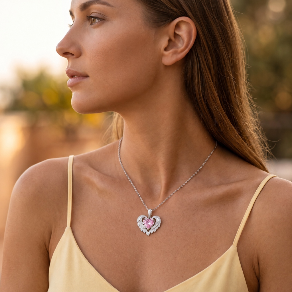 4.41 ct.tw. Angel Wing Embraced Pink Heart Cut Pendant 4.41 ct.tw. Angel Wing Embraced Pink Heart Cut Pendant