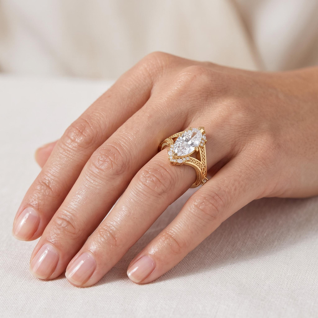 5.29 ct.tw. Vintage carved marquise-cut halo ring