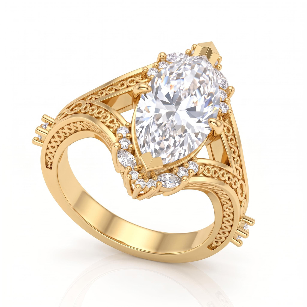 5.29 ct.tw. Vintage carved marquise-cut halo ring