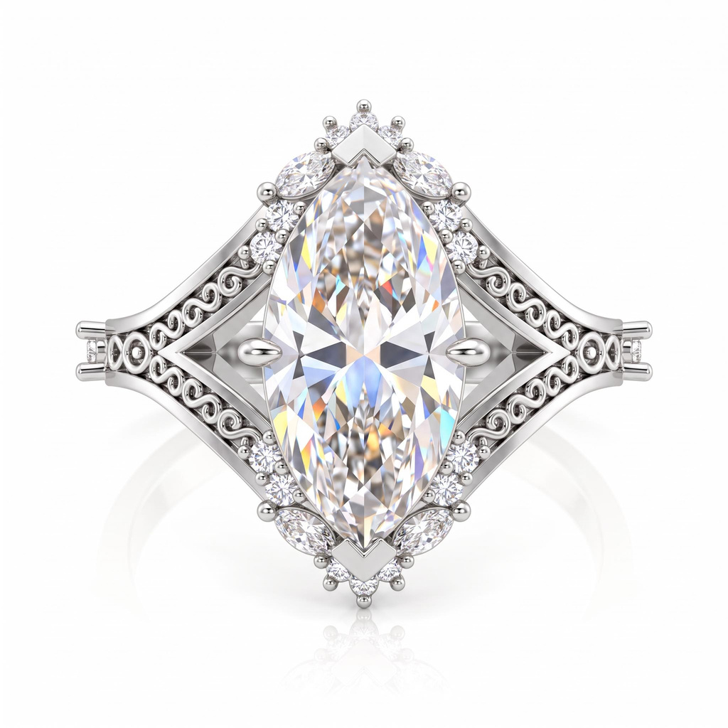 5.29 ct.tw. Vintage carved marquise-cut halo ring