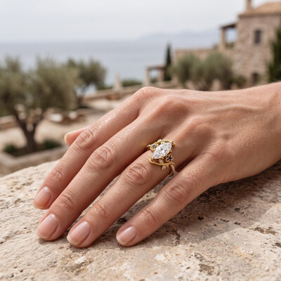 3.11 ct.tw. Nature-inspired Vine Marquise Cut Ring with Blue Accents