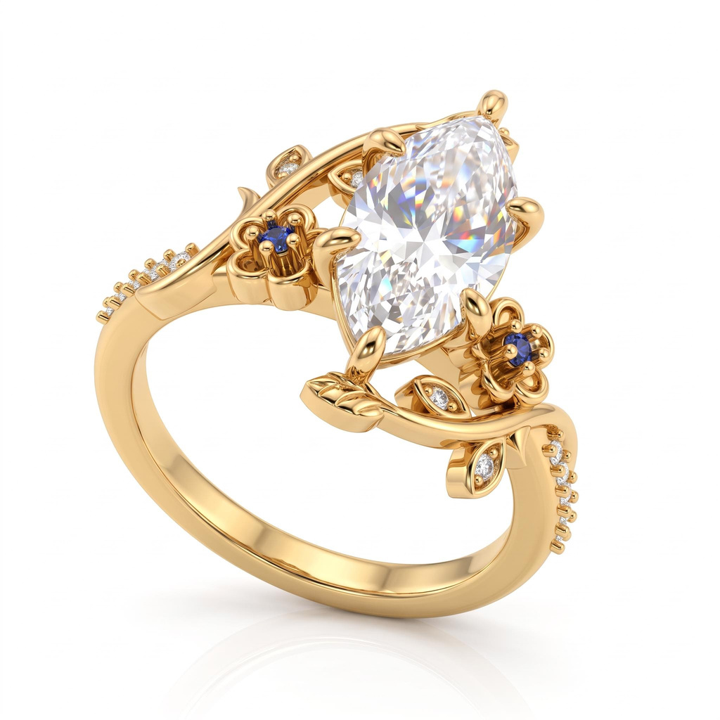 3.11 ct.tw. Nature-inspired Vine Marquise Cut Ring with Blue Accents 3.11 ct.tw. Nature-inspired Vine Marquise Cut Ring with Blue Accents