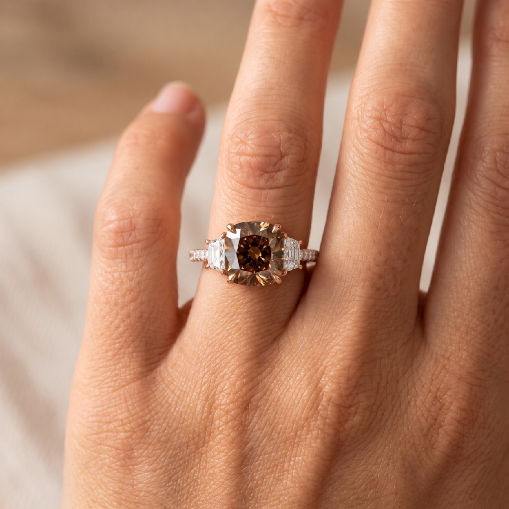 7.4 ct.tw. 3-stones Coffee Chocolate Stone Cushion Cut Engagement Ring 7.4 ct.tw. 3-stones Coffee Chocolate Stone Cushion Cut Engagement Ring