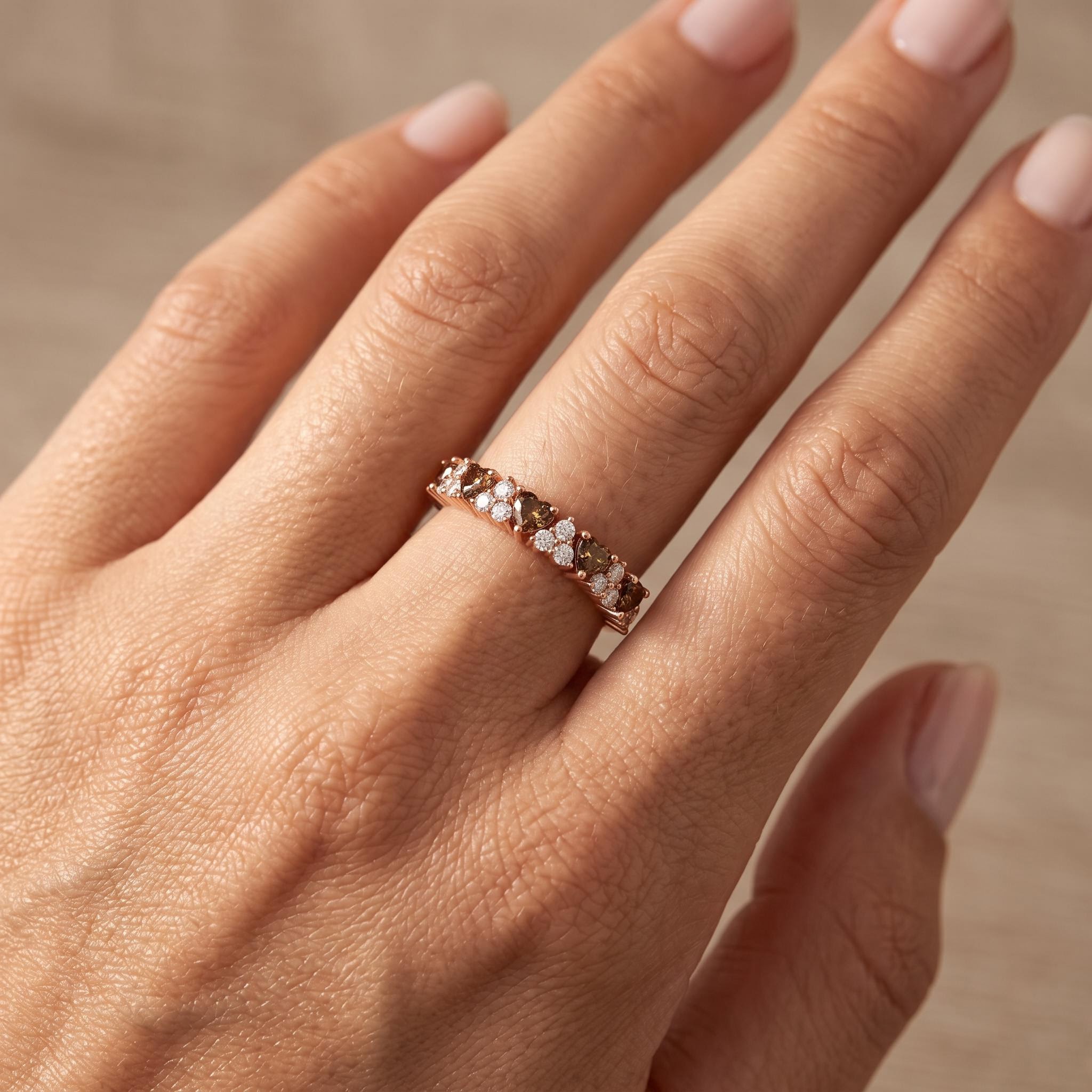 0.7 ct.tw. Coffee Chocolate Stone Round & Heart Cut Half Eternity Wedding Band 0.7 ct.tw. Coffee Chocolate Stone Round & Heart Cut Half Eternity Wedding Band