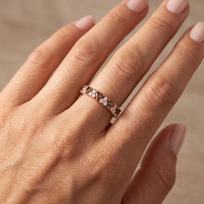 0.7 ct.tw. Coffee Chocolate Stone Round & Heart Cut Half Eternity Wedding Band