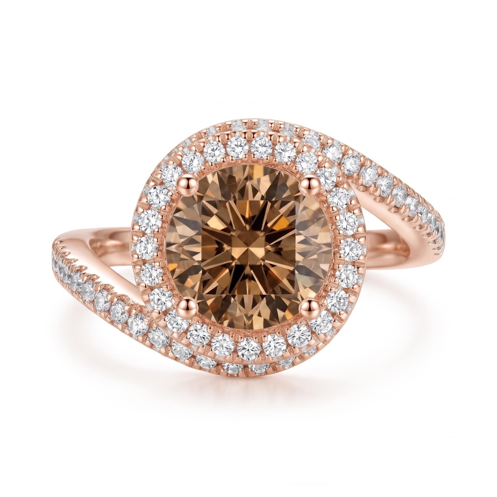 2.32 ct.tw. Round Cut Coffee Chocolate Stone Twisting Halo Engagement Ring 2.32 ct.tw. Round Cut Coffee Chocolate Stone Twisting Halo Engagement Ring