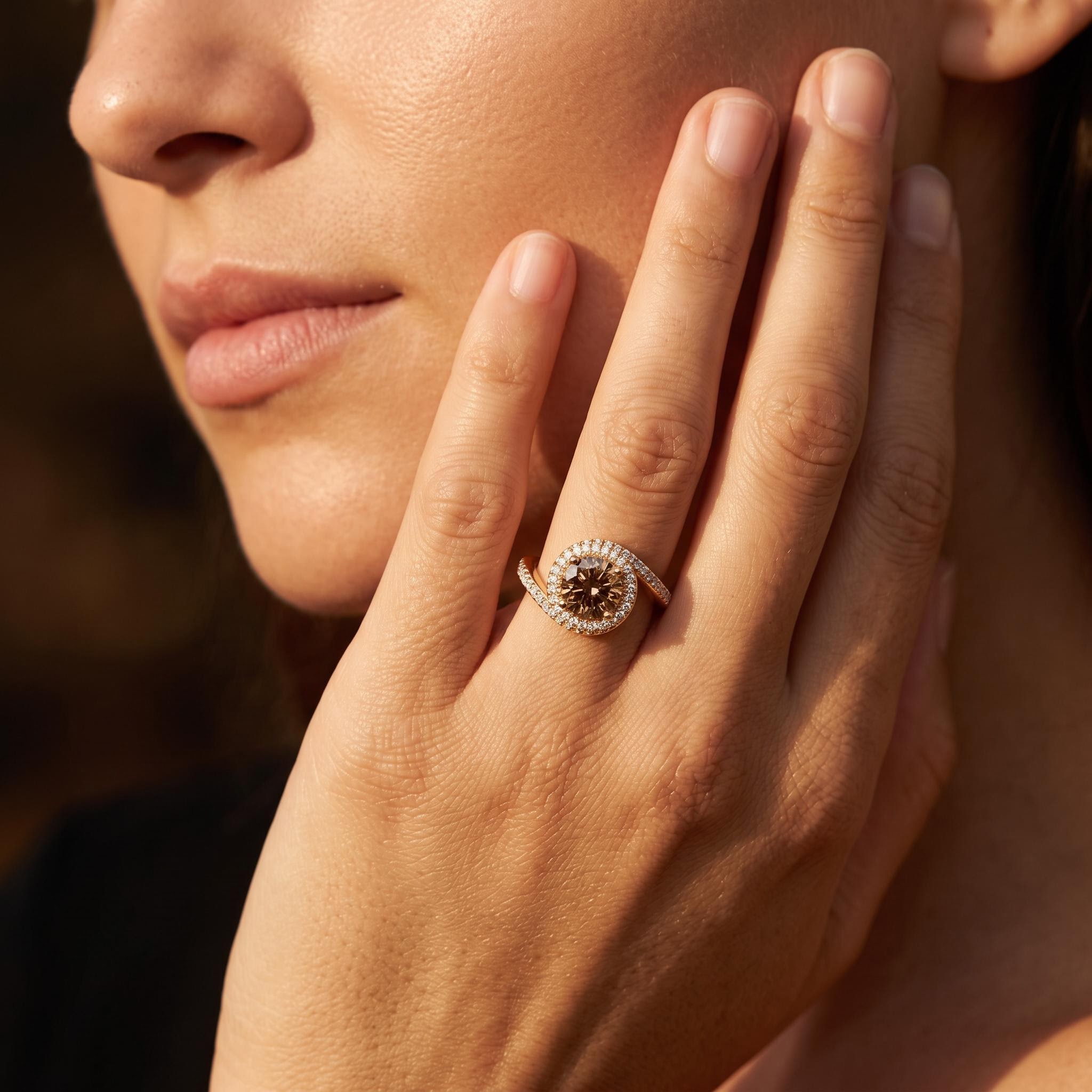 2.32 ct.tw. Round Cut Coffee Chocolate Stone Twisting Halo Engagement Ring 2.32 ct.tw. Round Cut Coffee Chocolate Stone Twisting Halo Engagement Ring