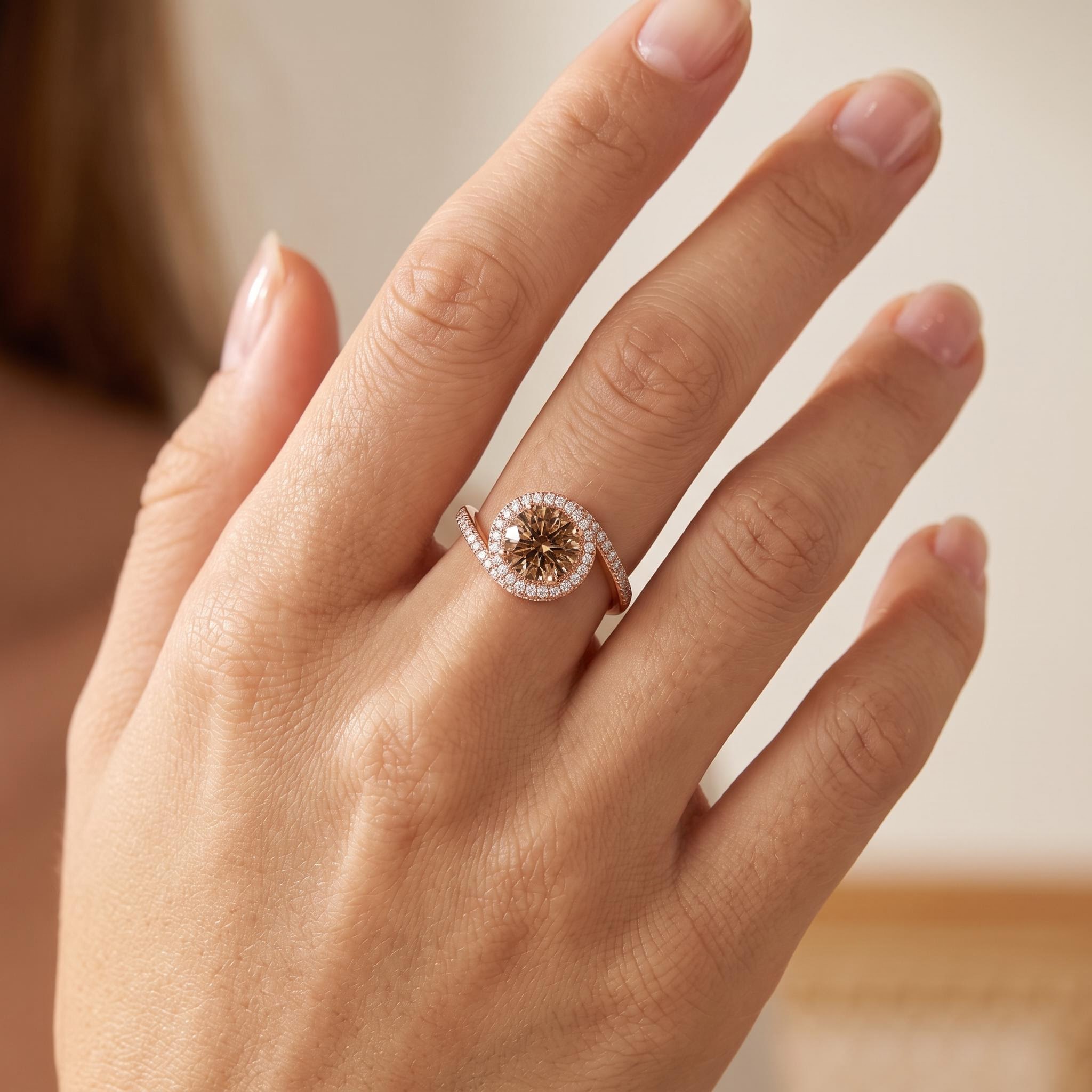 2.32 ct.tw. Round Cut Coffee Chocolate Stone Twisting Halo Engagement Ring 2.32 ct.tw. Round Cut Coffee Chocolate Stone Twisting Halo Engagement Ring