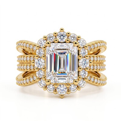 3.04 ct.tw. Emerald Cut Halo Split Shank Engagement Ring